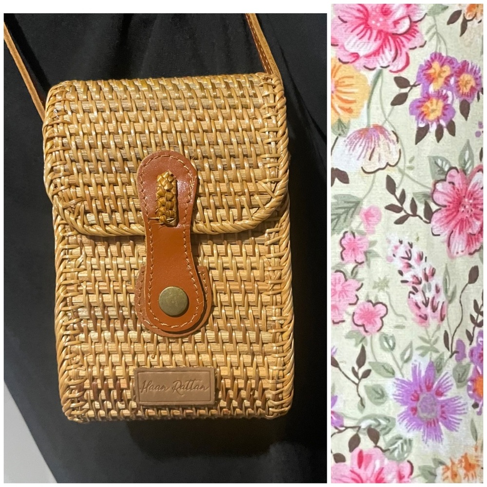Haan Rattan Handwoven Floral Lined Crossbody Bag Adjustable Leather Strap